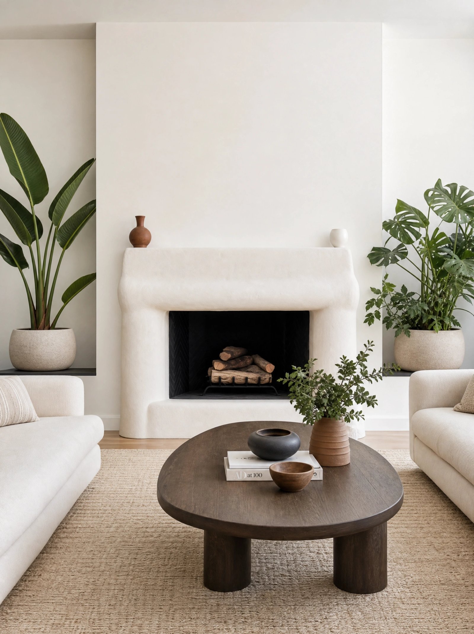 Wall art mockup: Contemporary living room with fireplace and plants, with plants