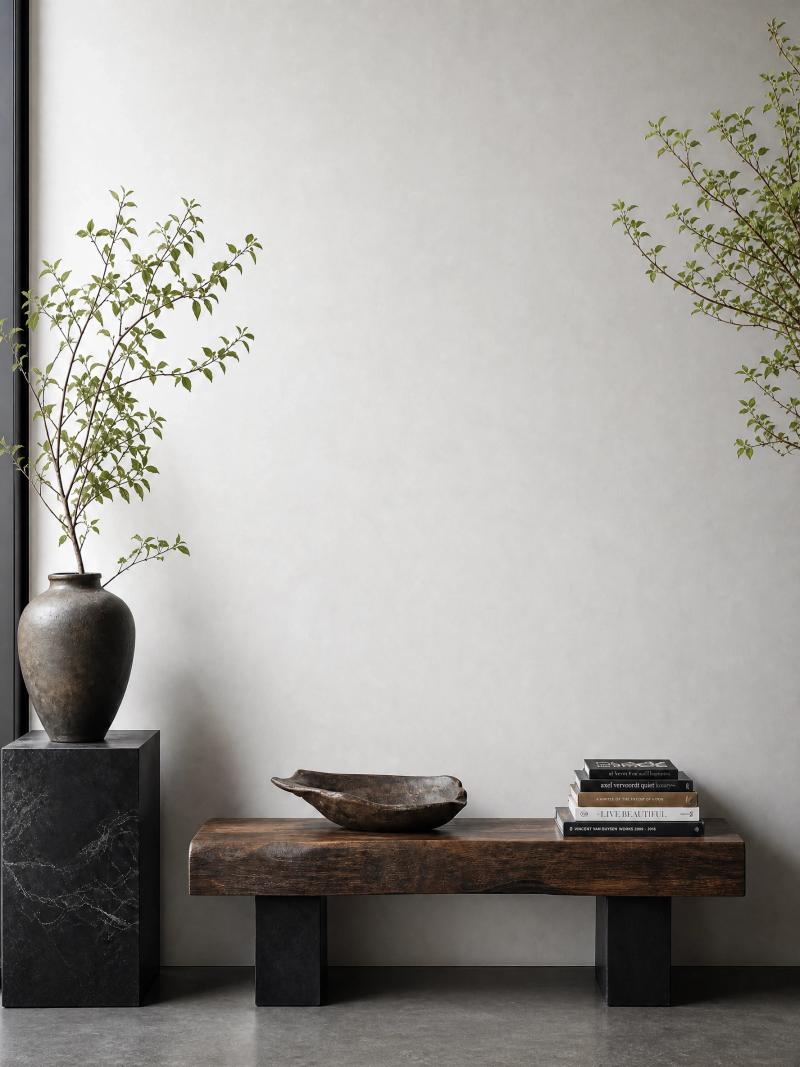 Contemporary living room with a dark wood bench