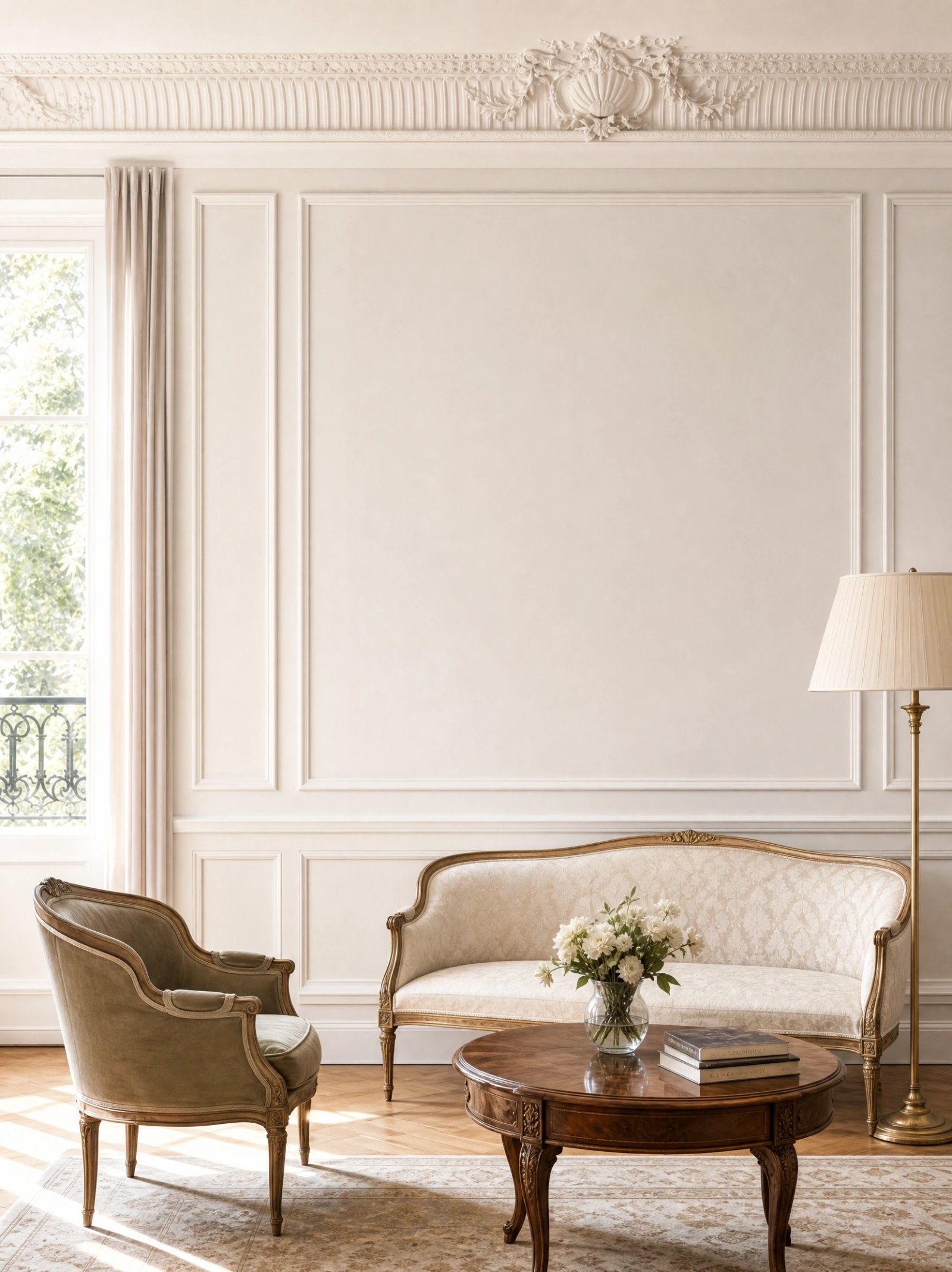 Wall art mockup: Grand living room with classic sofa and armchair, with a sofa, a coffee table and lamps