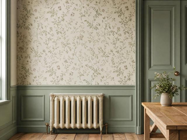 Eclectic dining room with floral wallpaper and wooden table
