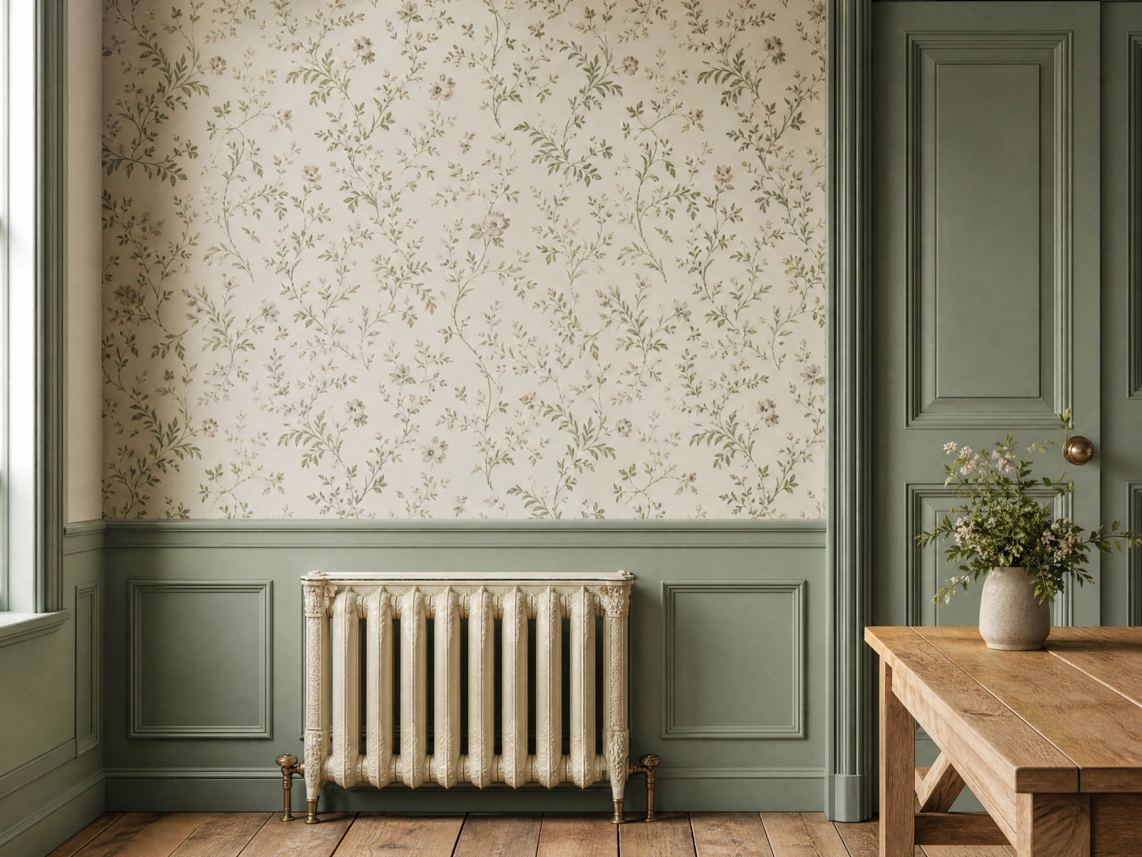 Wall art mockup: Eclectic dining room with floral wallpaper and wooden table, with plants