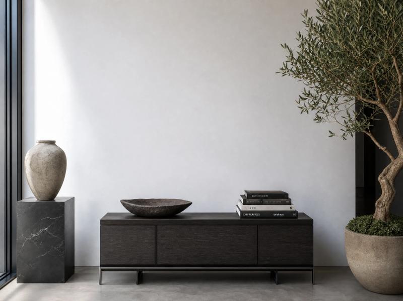 Contemporary living room with a dark cabinet and olive tree