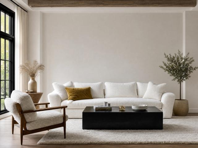 Contemporary living room with a white sofa and armchair