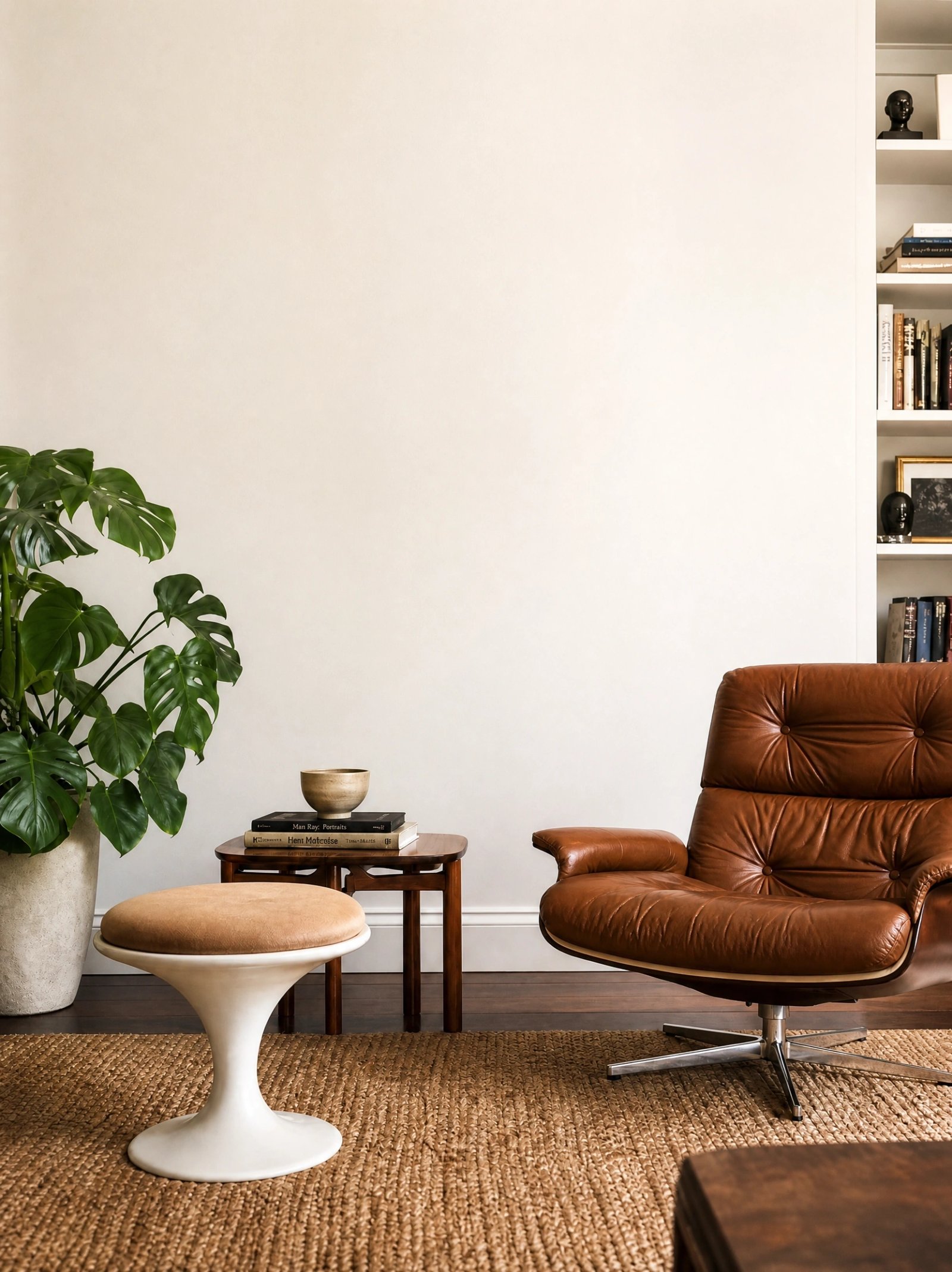 Wall art mockup: Contemporary living room with a leather armchair and plant, with plants