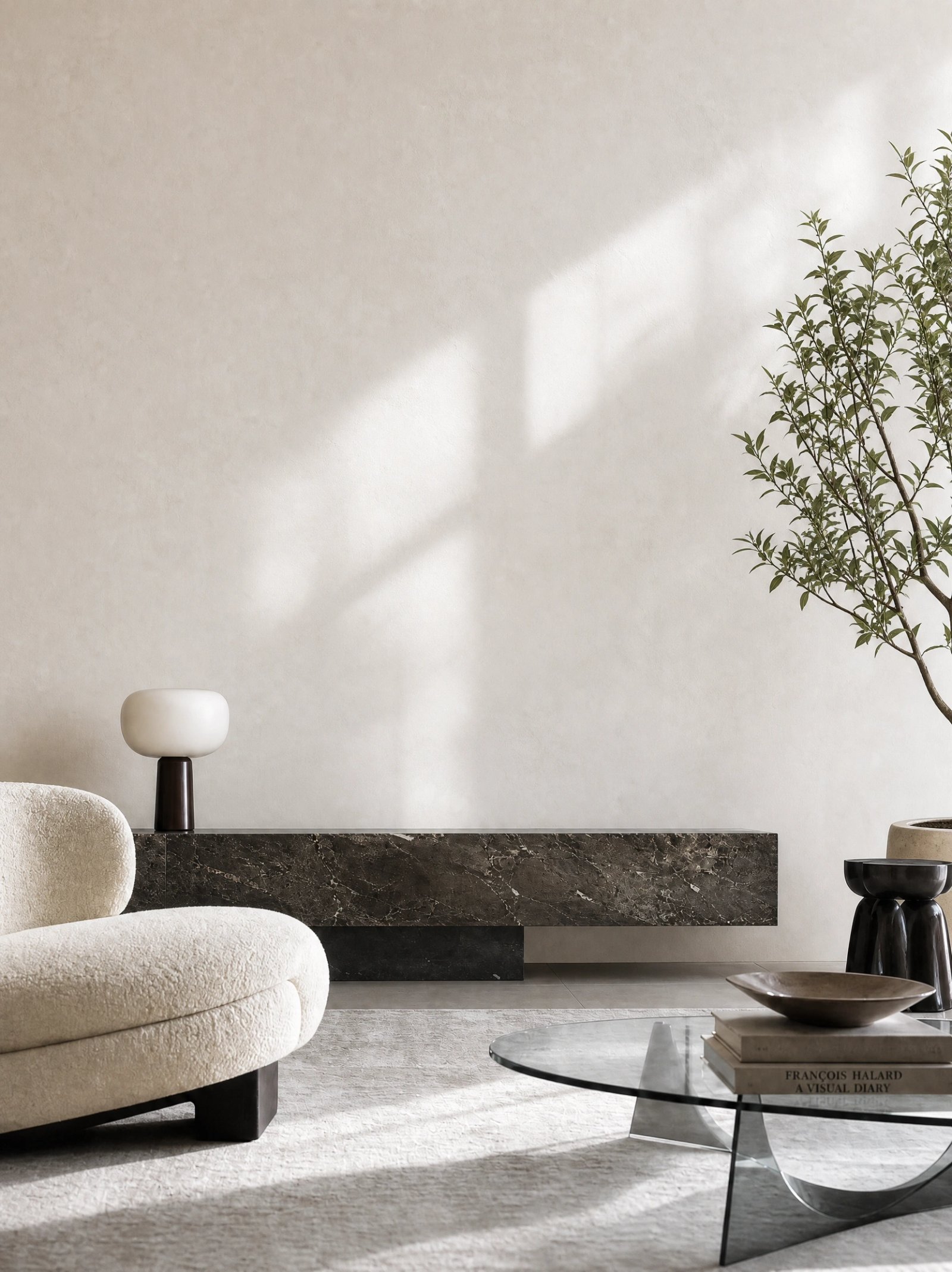 Wall art mockup: Contemporary living room with a console and armchair, with a coffee table and lamps