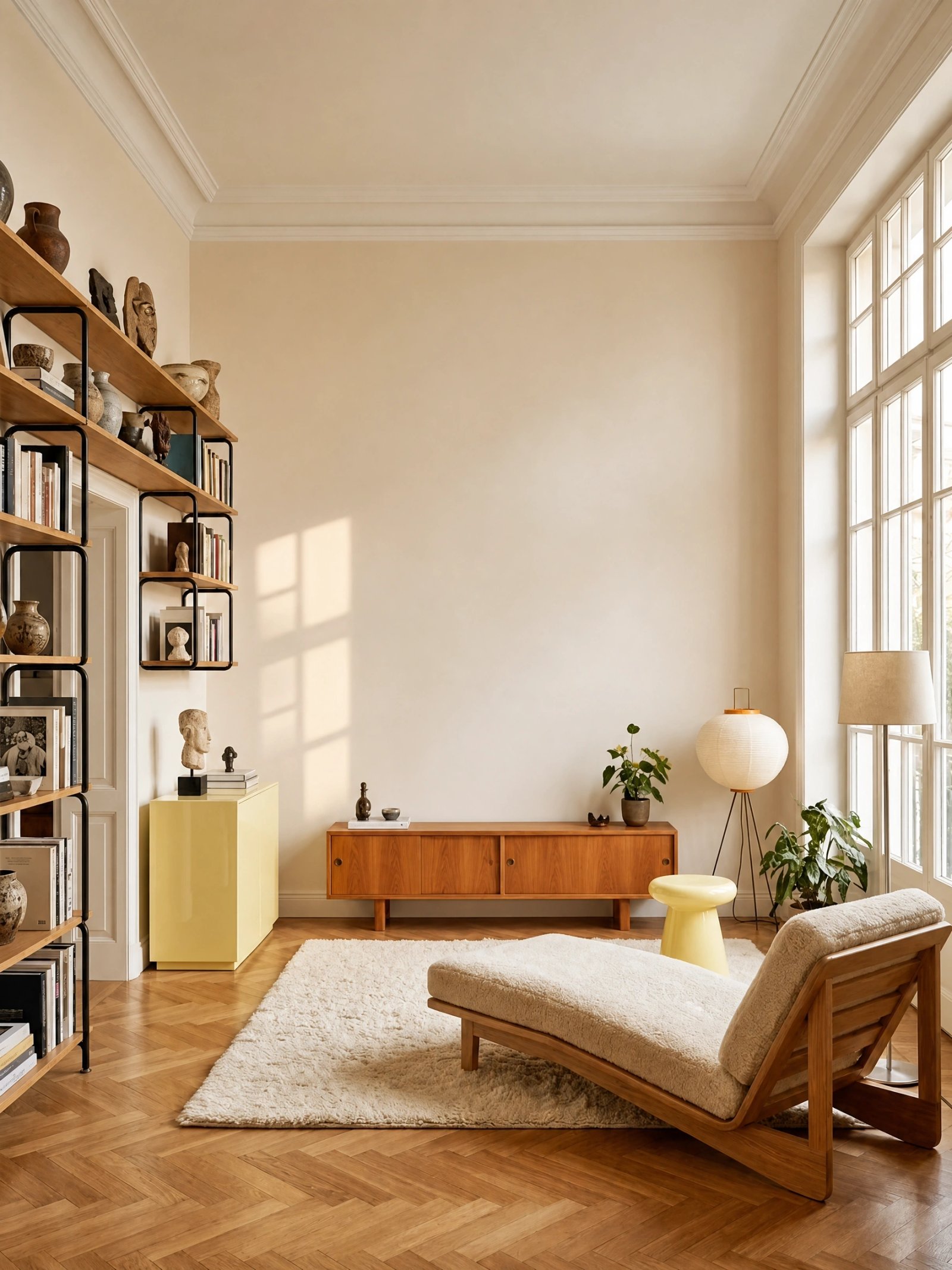 Wall art mockup: Eclectic living room with bookshelves and large window, with lamps and a cabinet