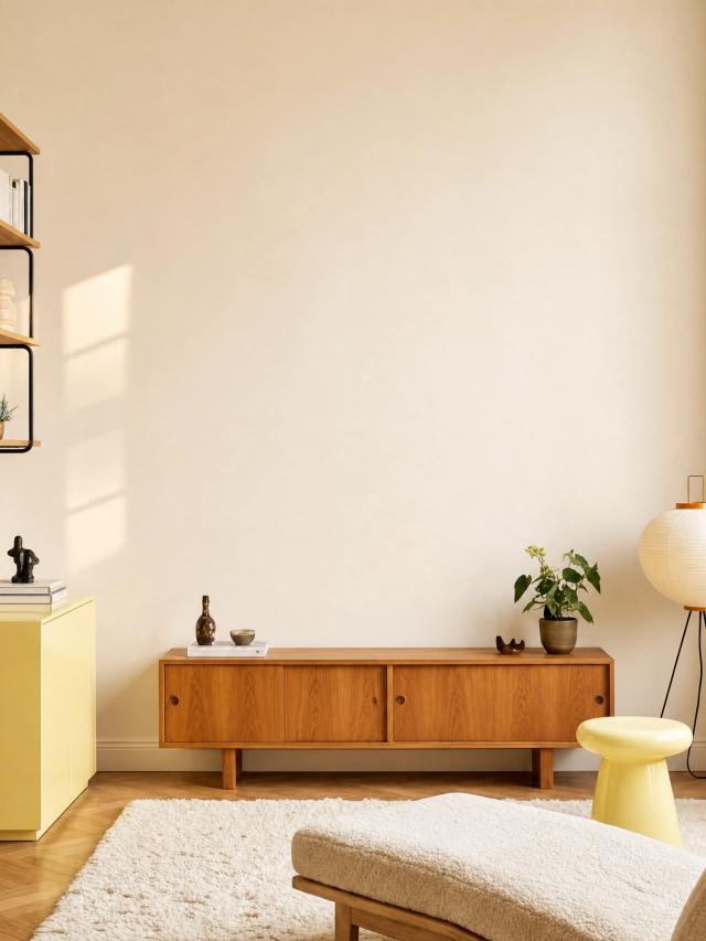 Contemporary living room with a wooden cabinet and plant