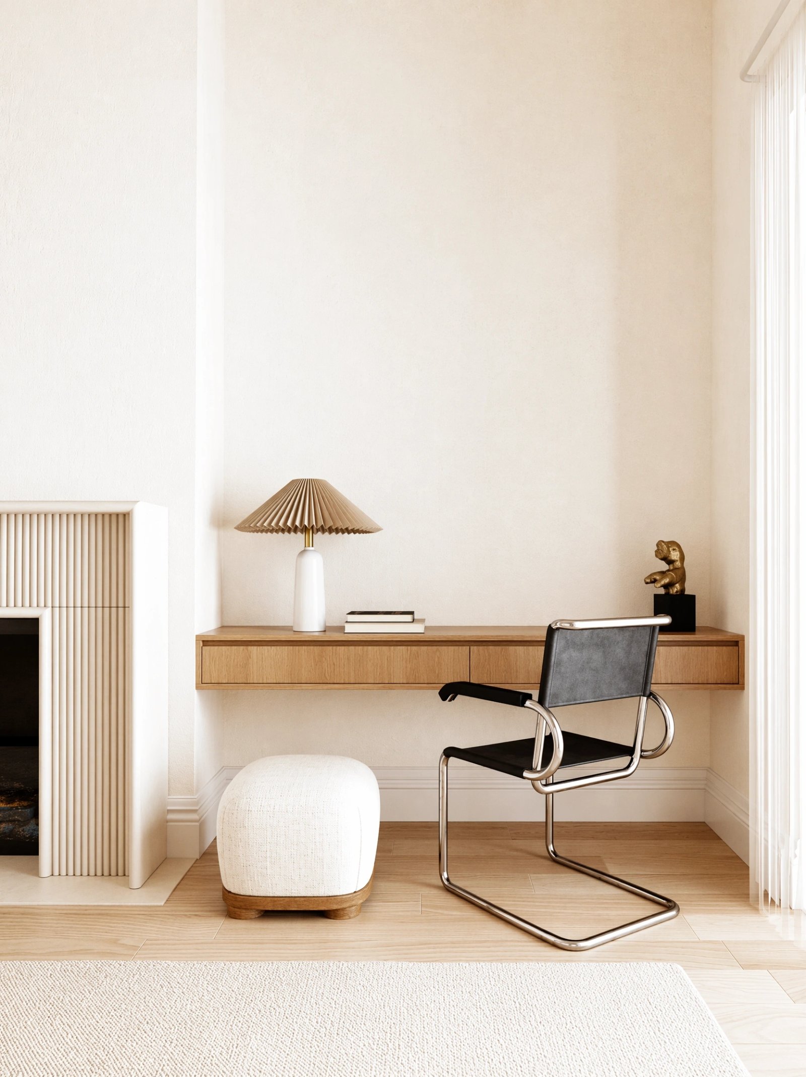 Wall art mockup: Contemporary study with a floating desk and fireplace, with lamps