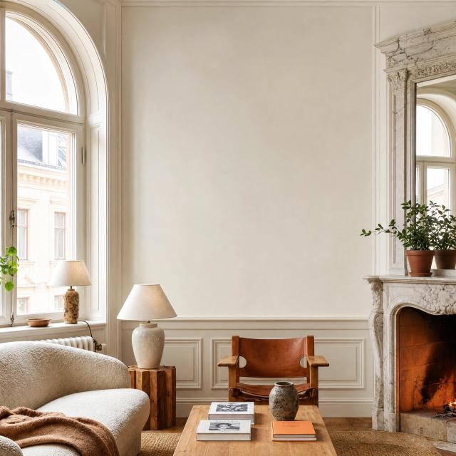 Grand living room with a fireplace and arched window