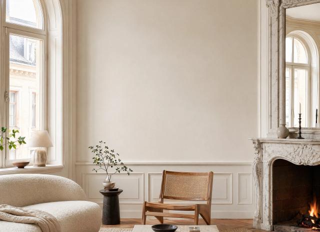 Grand living room with a fireplace and large window