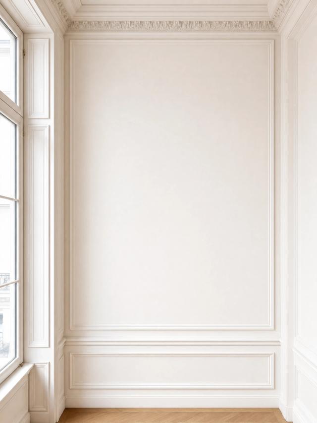 Elegant gallery with ornate white walls and parquet floor