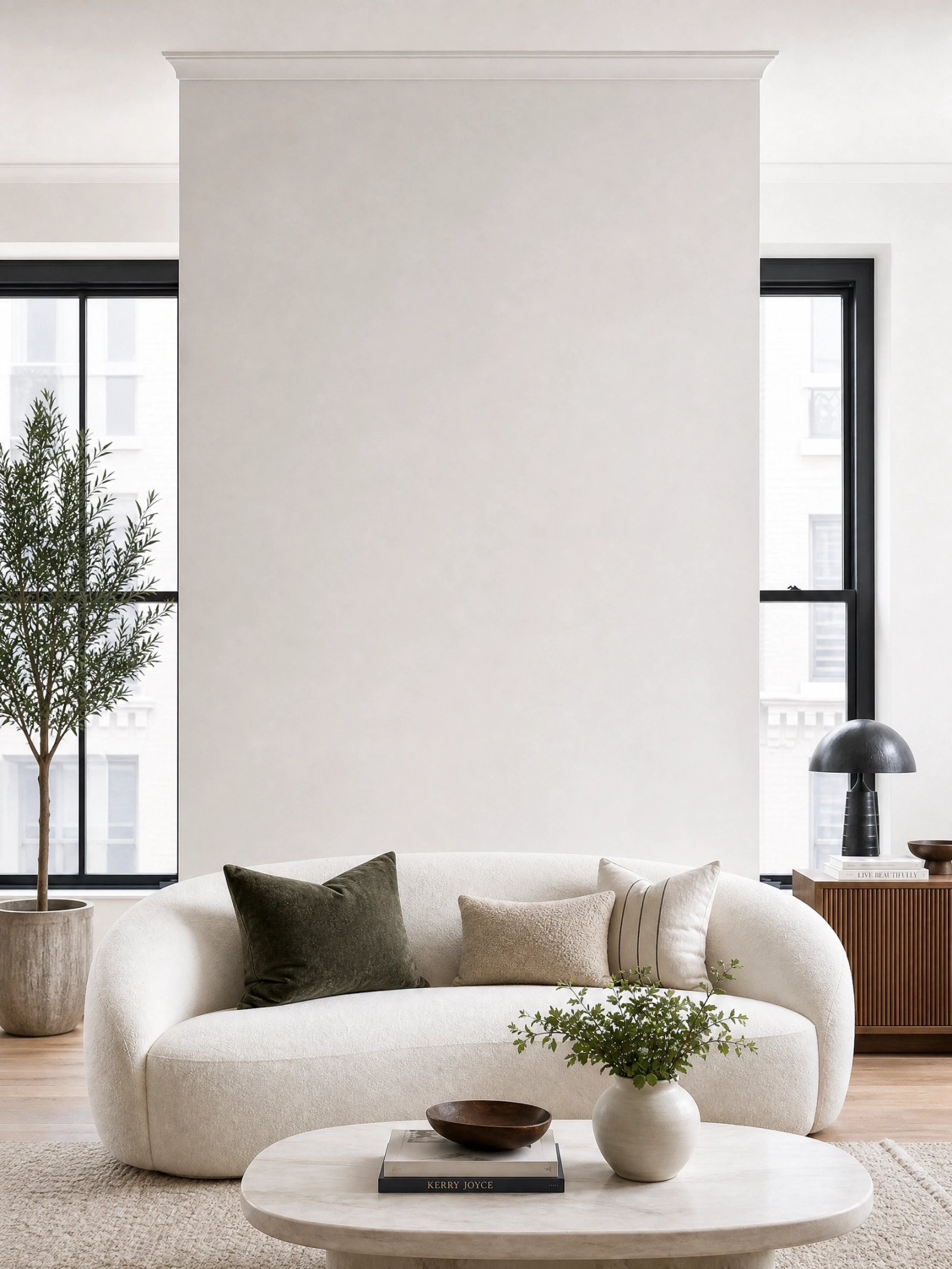 Wall art mockup: Contemporary living room with a white wall and sofa, with a sofa and plants