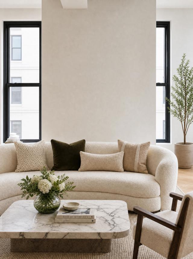 Contemporary living room with a curved sofa