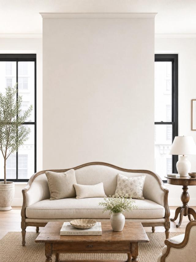 Grand living room with a classic sofa and large windows
