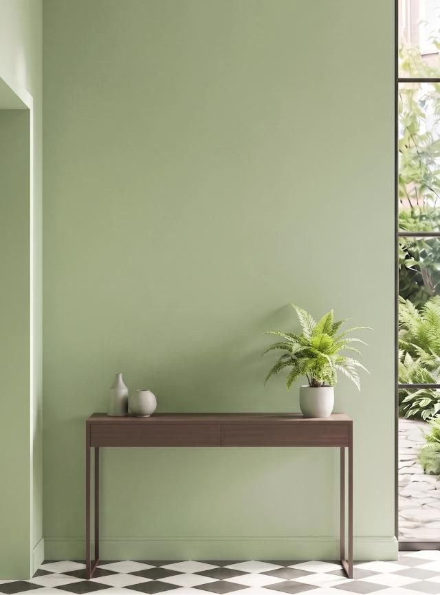 Contemporary hallway with a console table and houseplant