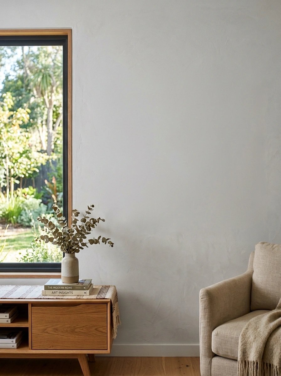 Wall art mockup: Contemporary living room with a large window and textured walls, with plants and a window