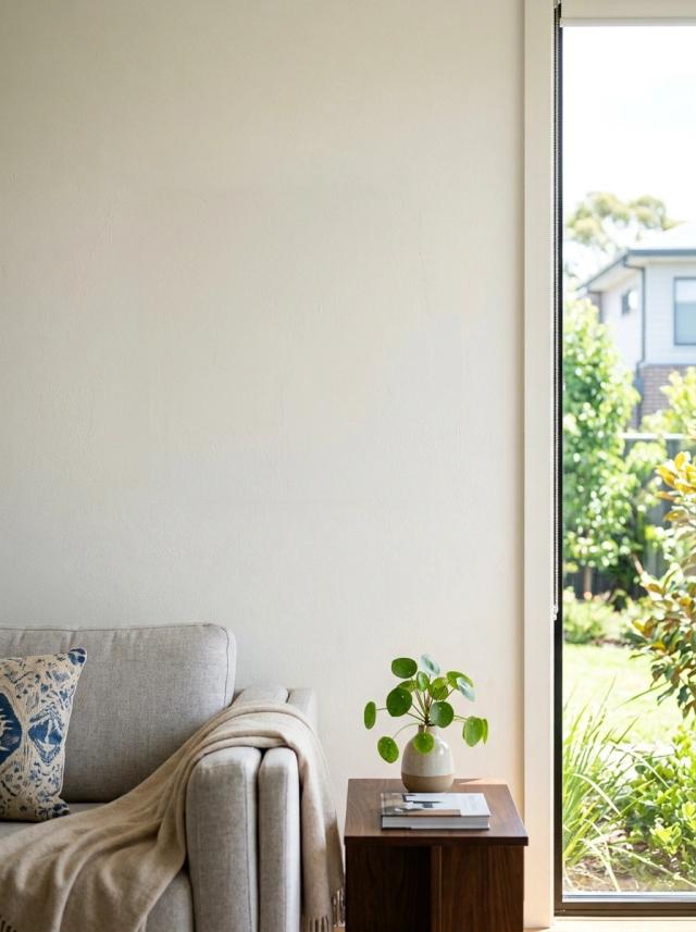 Bright contemporary living room with a grey sofa and houseplant