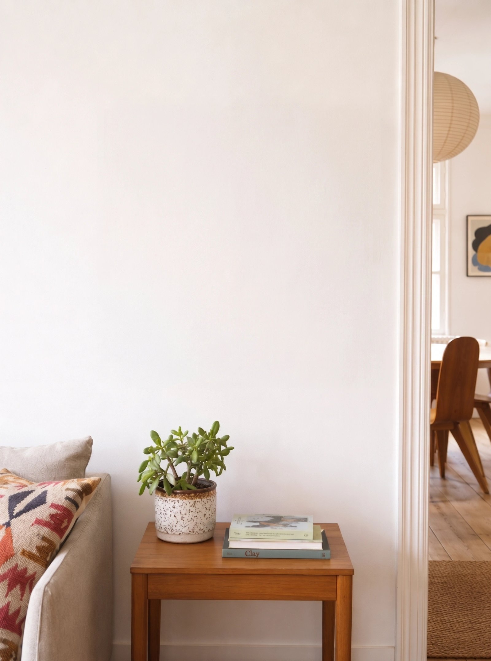 Wall art mockup: Eclectic living room with a plant and wooden furniture, with plants