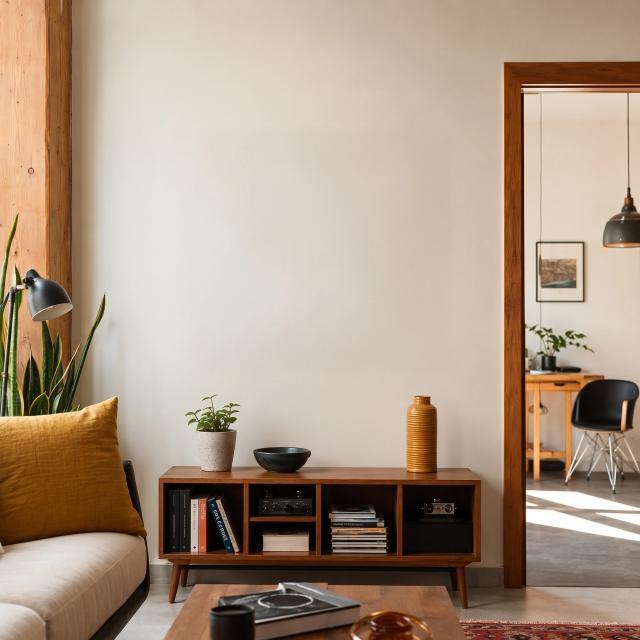 Eclectic living room with a media console and sofa