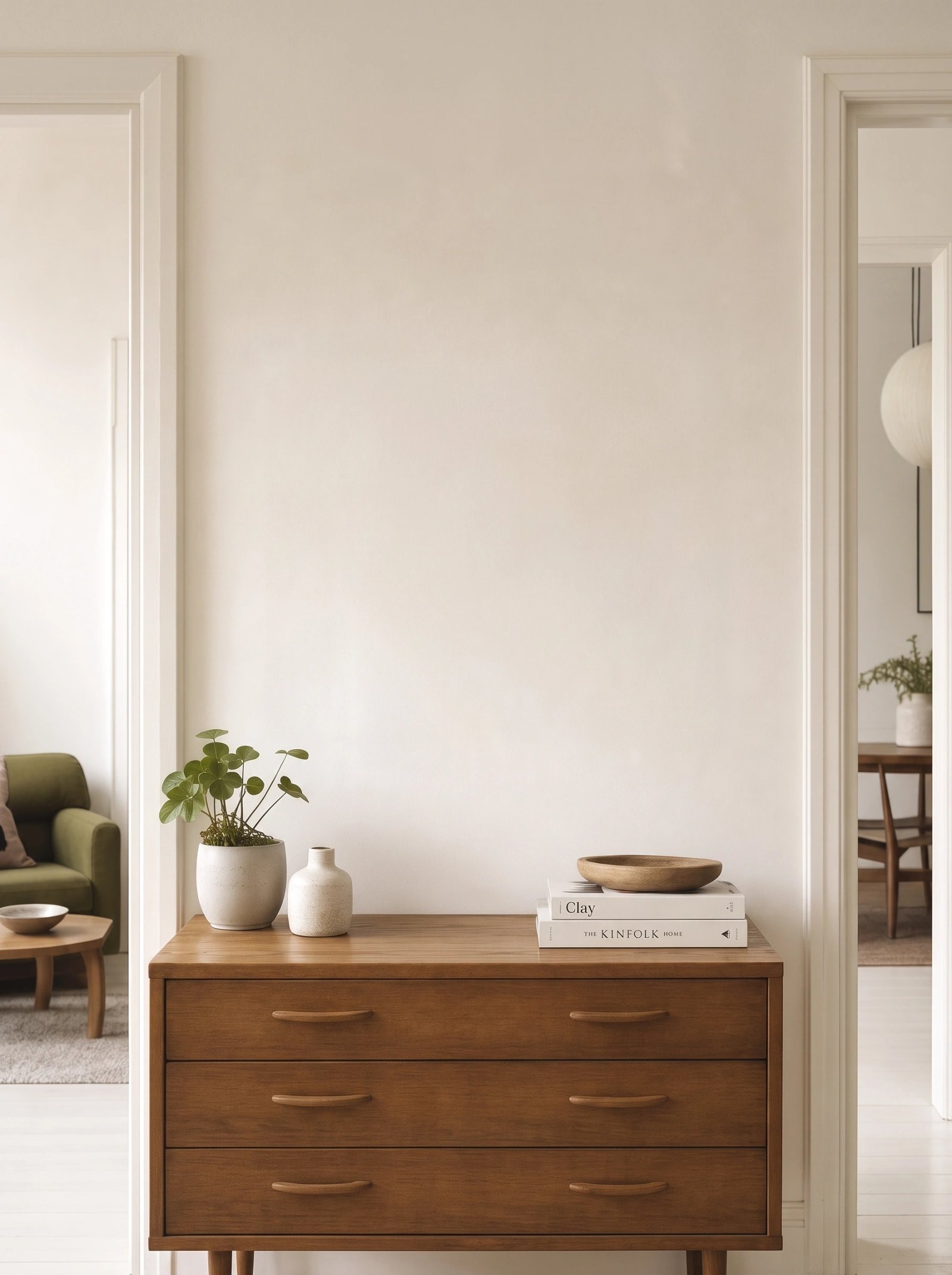 Wall art mockup: Contemporary hallway with a wooden chest of drawers, with plants and a cabinet
