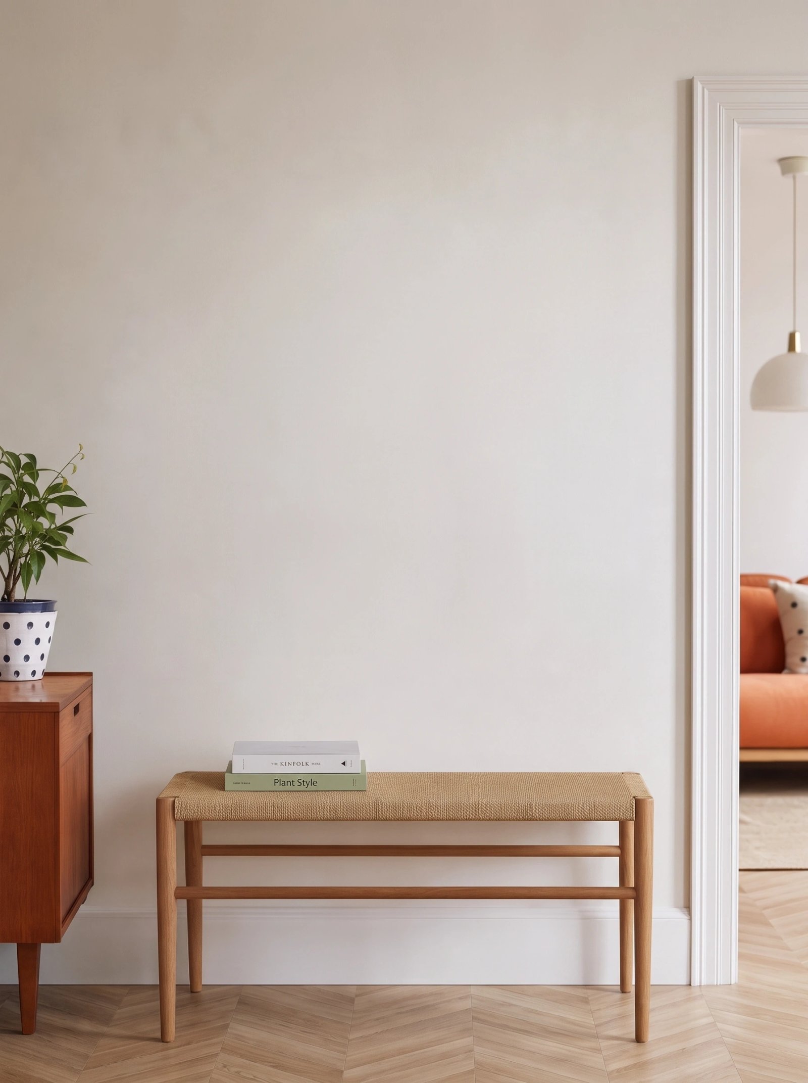 Wall art mockup: Contemporary hallway with a wooden bench and plant, with plants