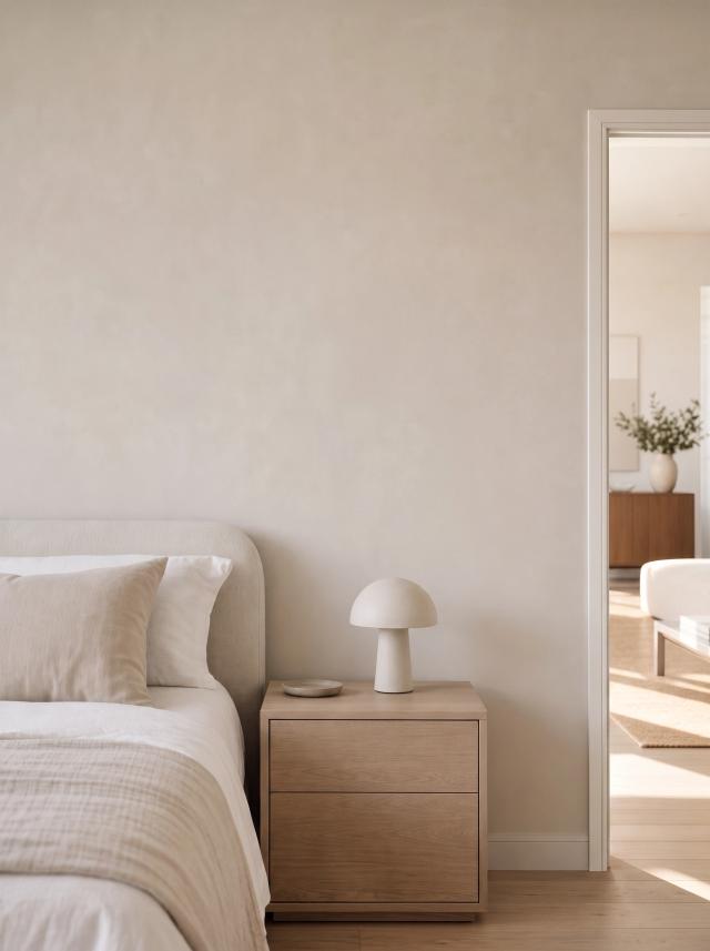 Contemporary bedroom with a bed and wooden nightstand