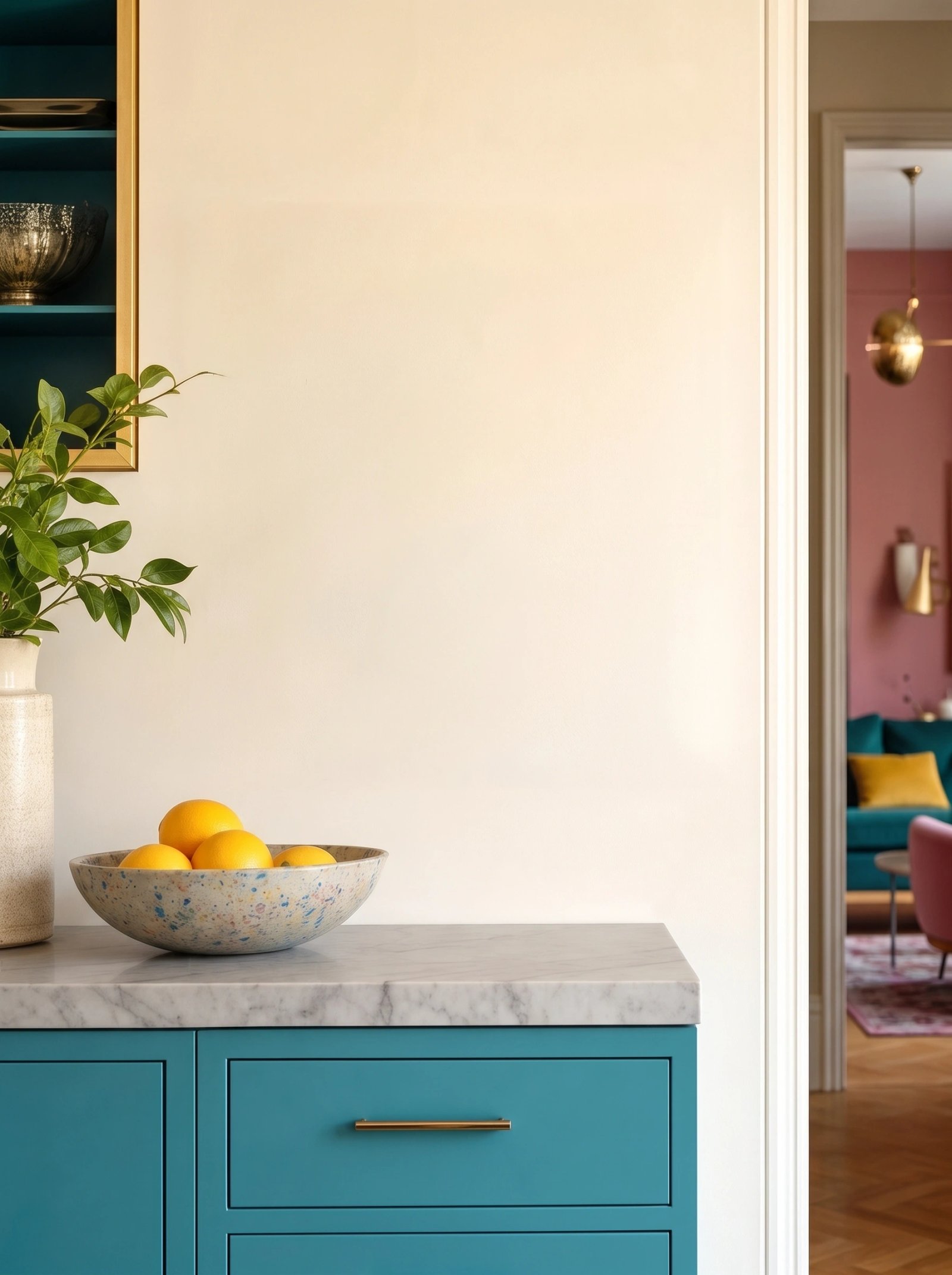 Wall art mockup: Eclectic kitchen counter with a neutral wall, with a cabinet