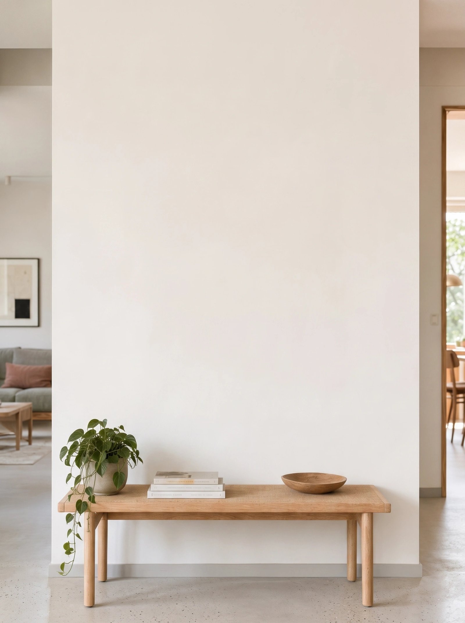 Wall art mockup: Contemporary living room with a bench and houseplant, with a coffee table and plants