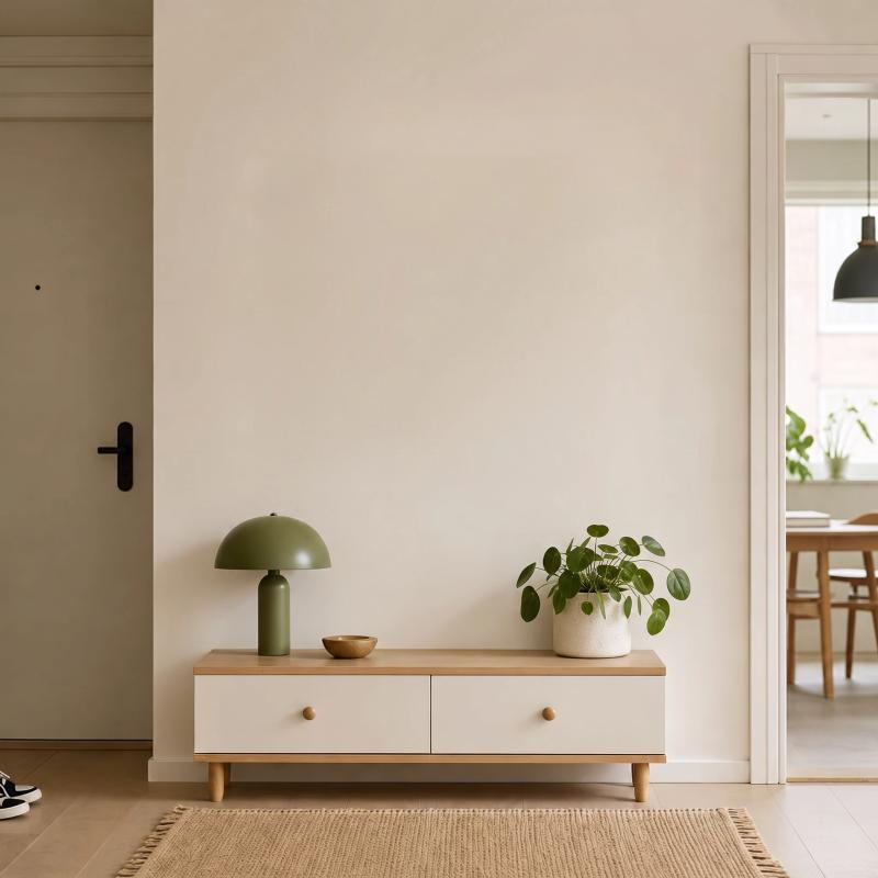 Contemporary hallway with console table and houseplant