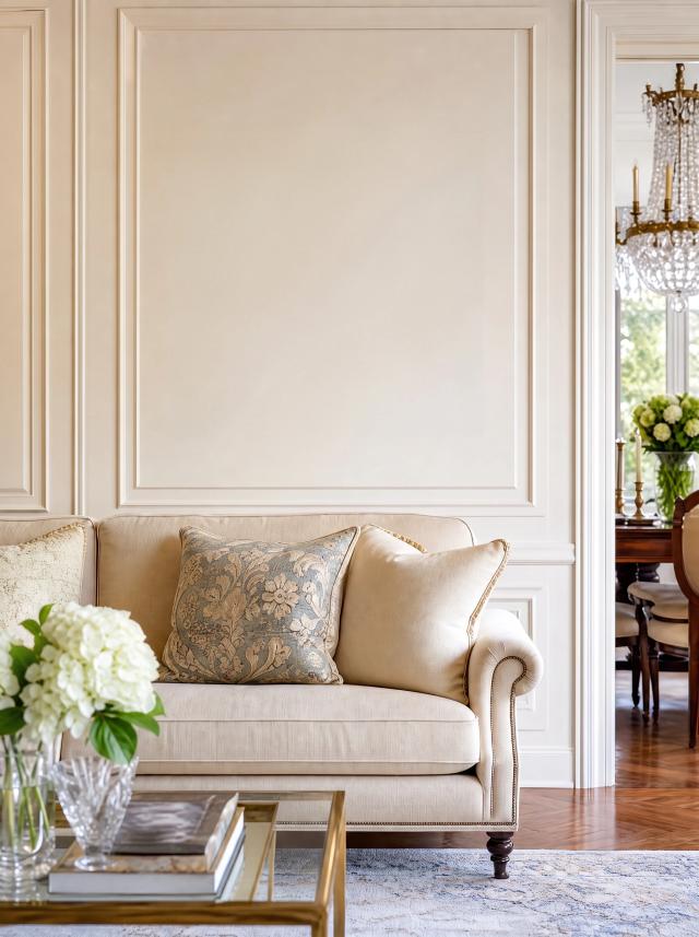 Grand living room with a sofa and panelled walls