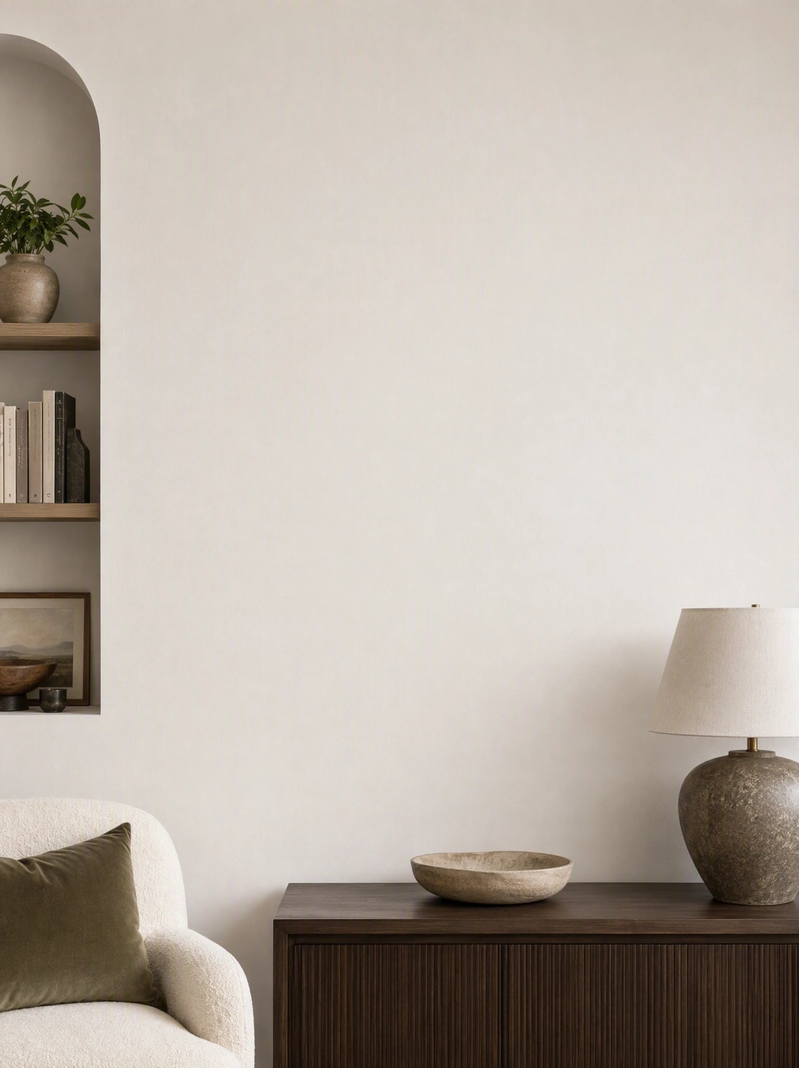 Wall art mockup: Contemporary living room with a console and alcove shelves, with lamps