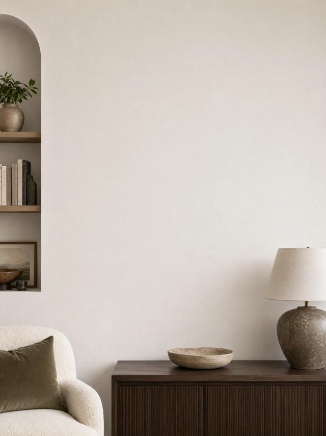 Contemporary living room with a console and alcove shelves