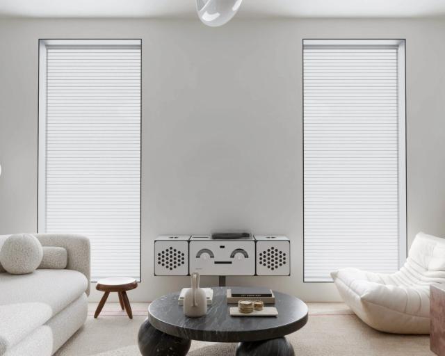 Contemporary living room with minimalist furniture and bright windows