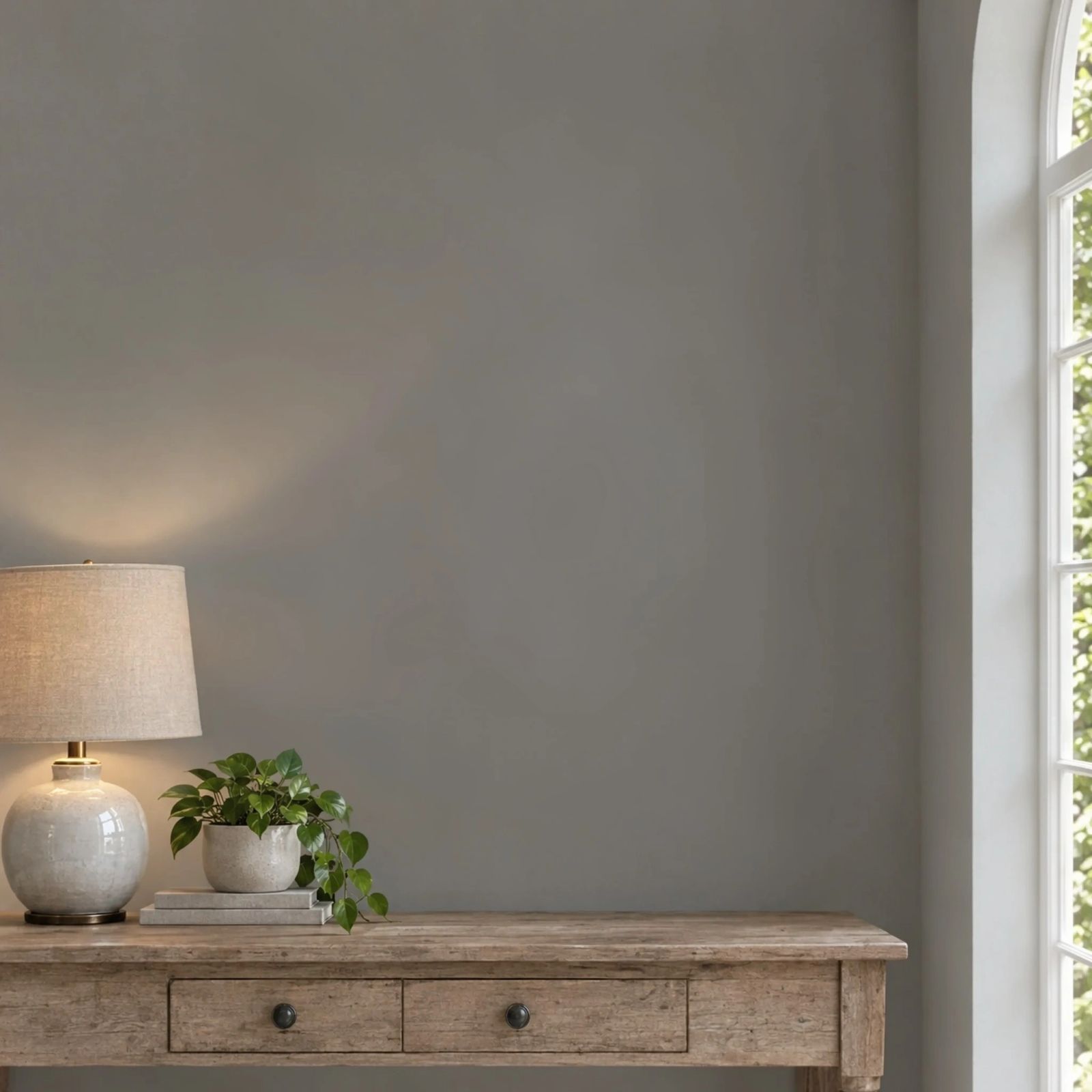 Sample painting, black frame, white window mount, 56 × 66 cm: Contemporary hallway with a grey wall and console table