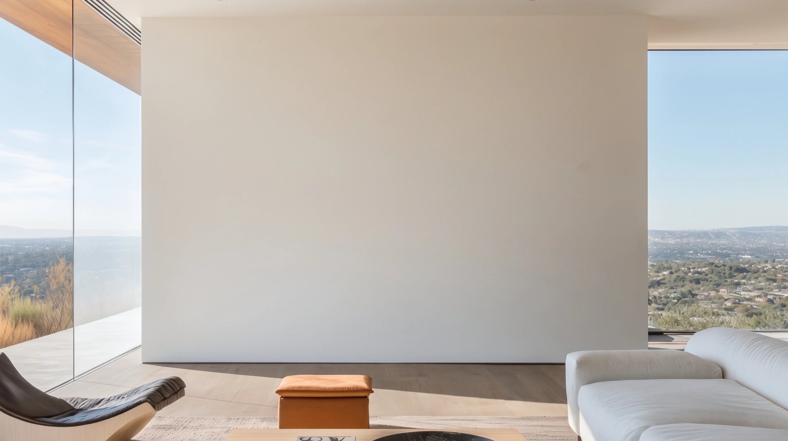 Wall art mockup: Bright contemporary living room with a white sofa, with a sofa
