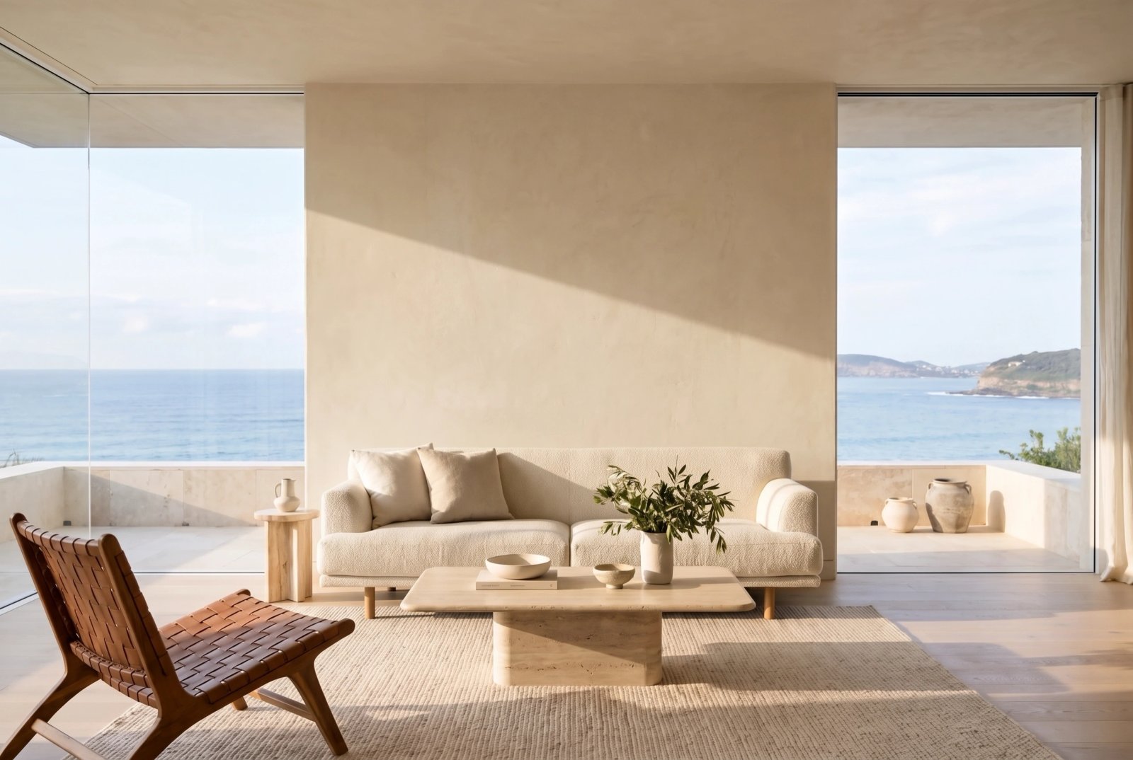 Wall art mockup: Contemporary living room with a sofa and chair, with a sofa