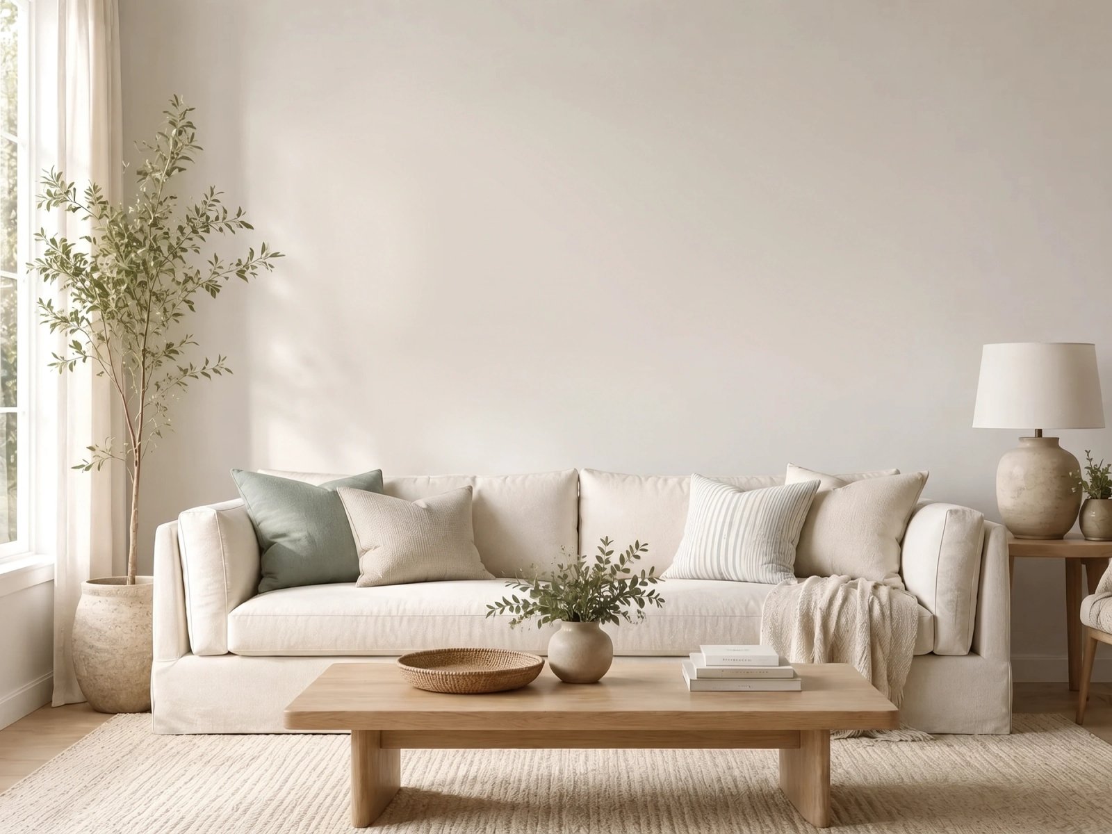 Wall art mockup: Contemporary living room with a neutral sofa and natural light, with a sofa and lamps