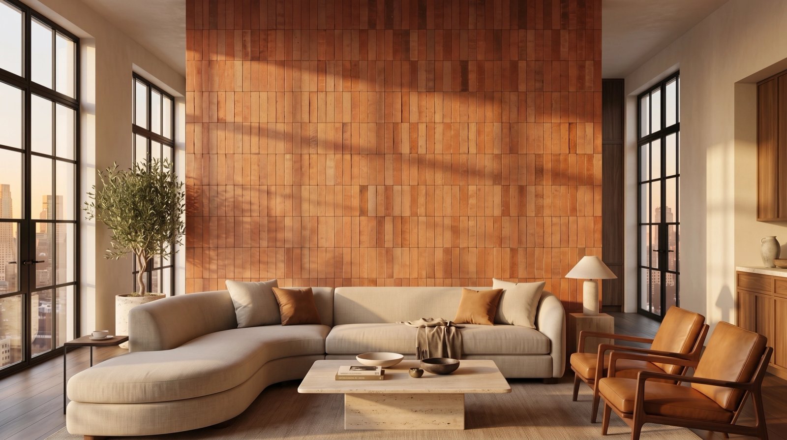 Wall art mockup: Contemporary living room with terracotta wall and city views, with a sofa and plants