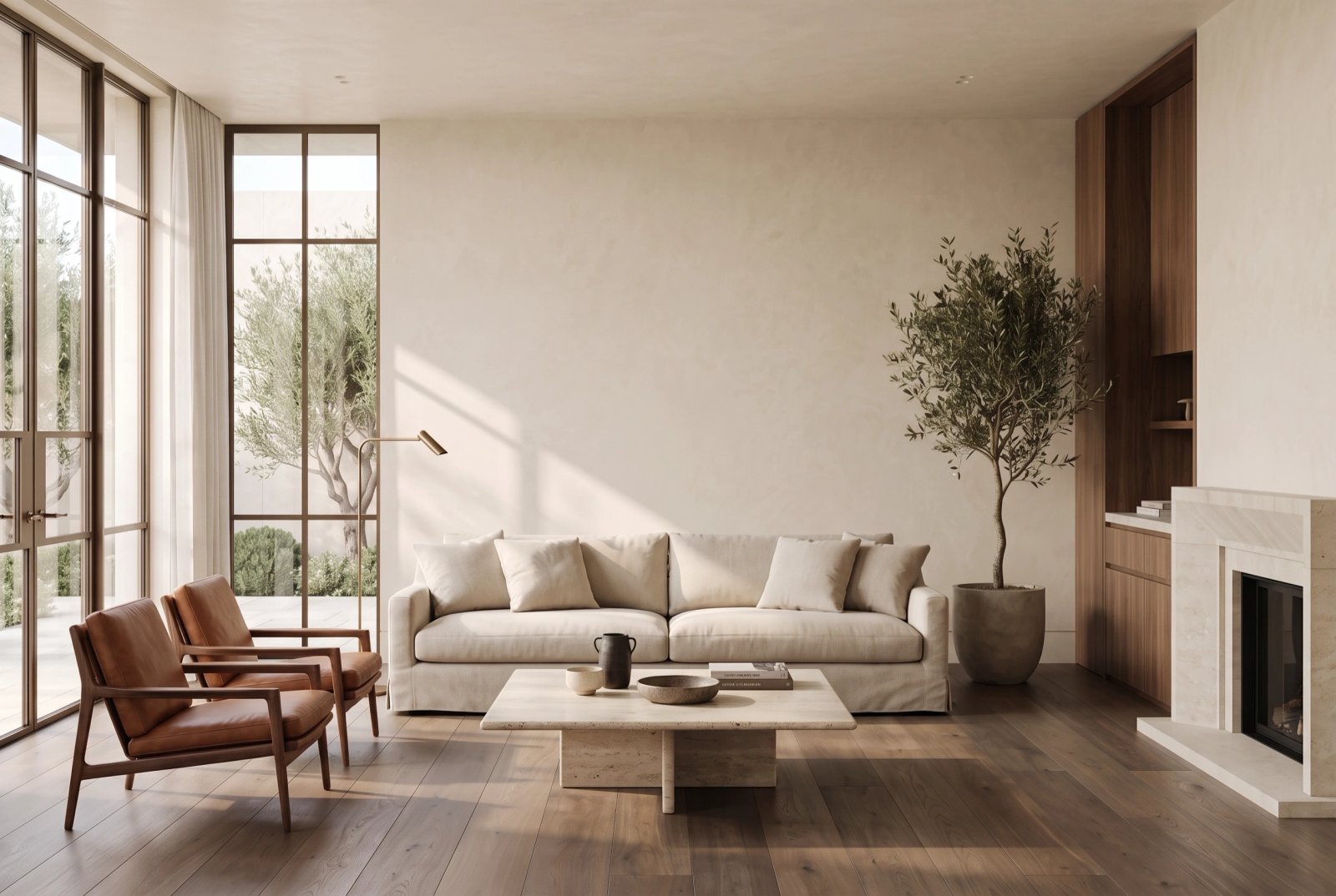 Wall art mockup: Contemporary living room with a light sofa and fireplace, with a sofa and plants