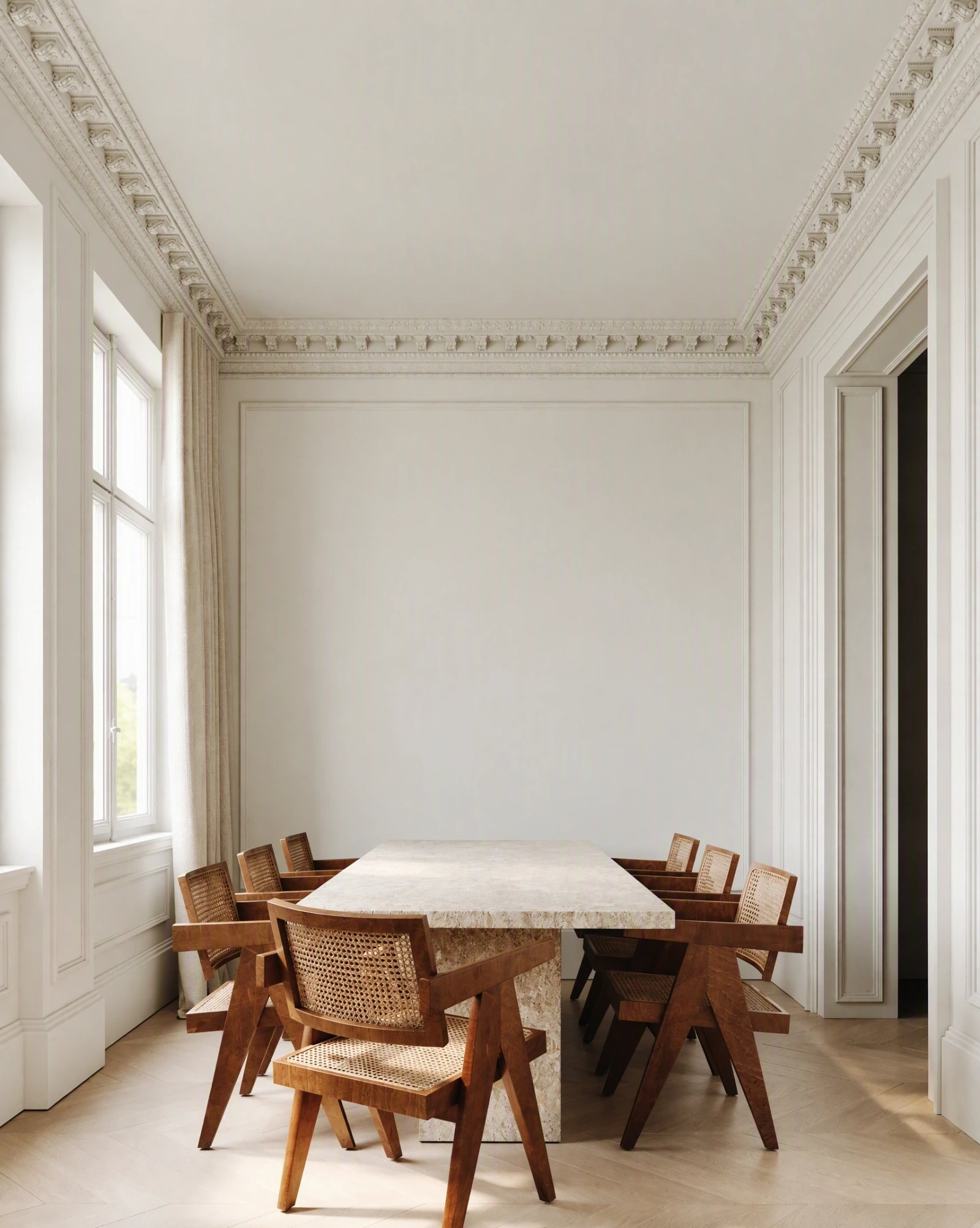 Wall art mockup: Grand dining room with a stone table and period mouldings, with a window and a dining table