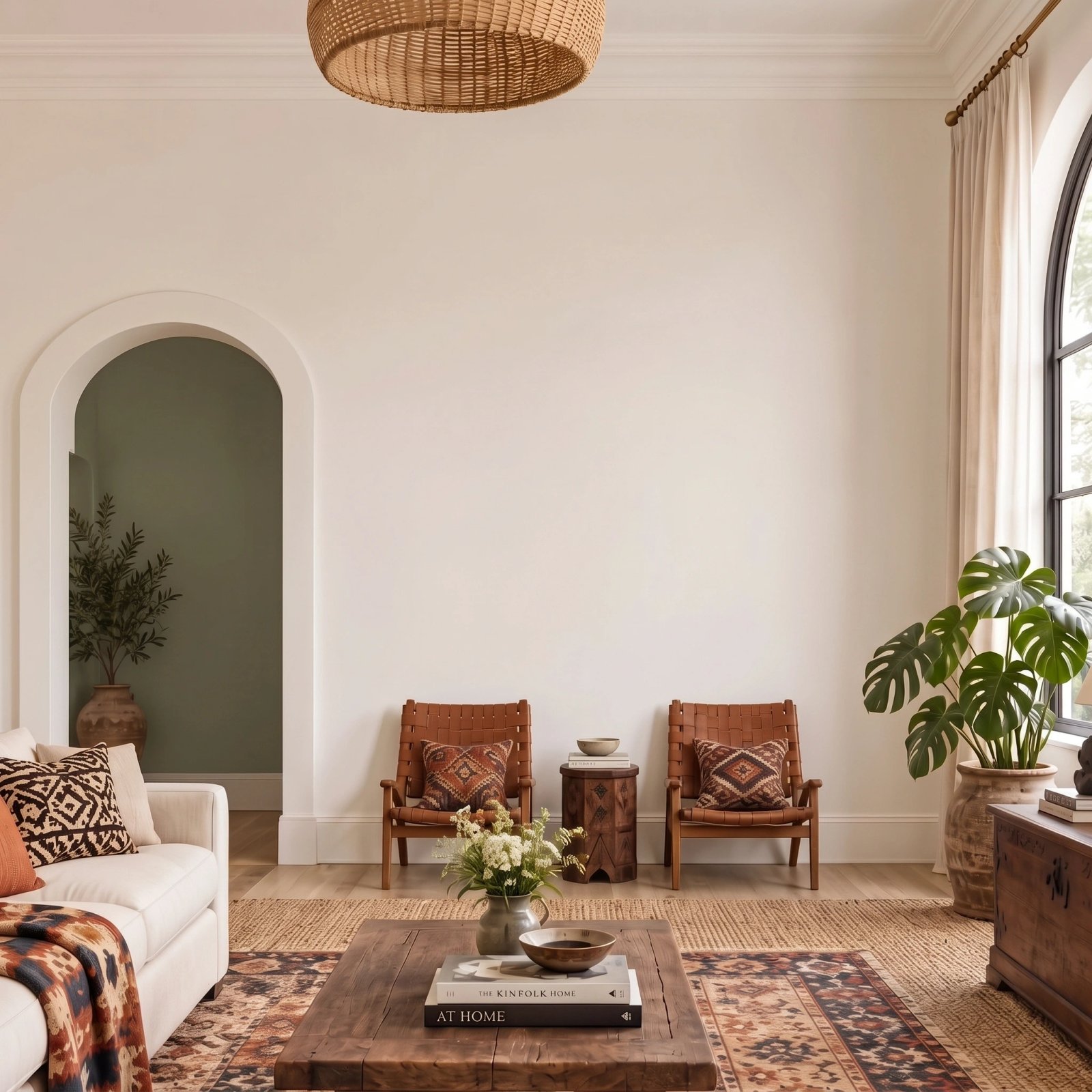 Wall art mockup: Eclectic living room with natural tones and wooden furniture, with a sofa, plants, lamps and a chandelier