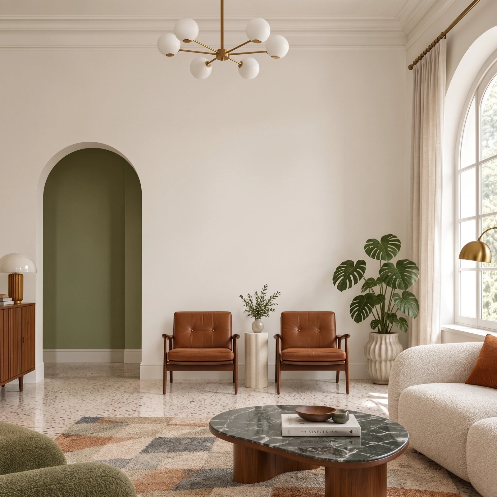 Wall art mockup: Contemporary living room with a chandelier and arched doorway, with a sofa, a coffee table, plants, lamps, a chandelier and a window