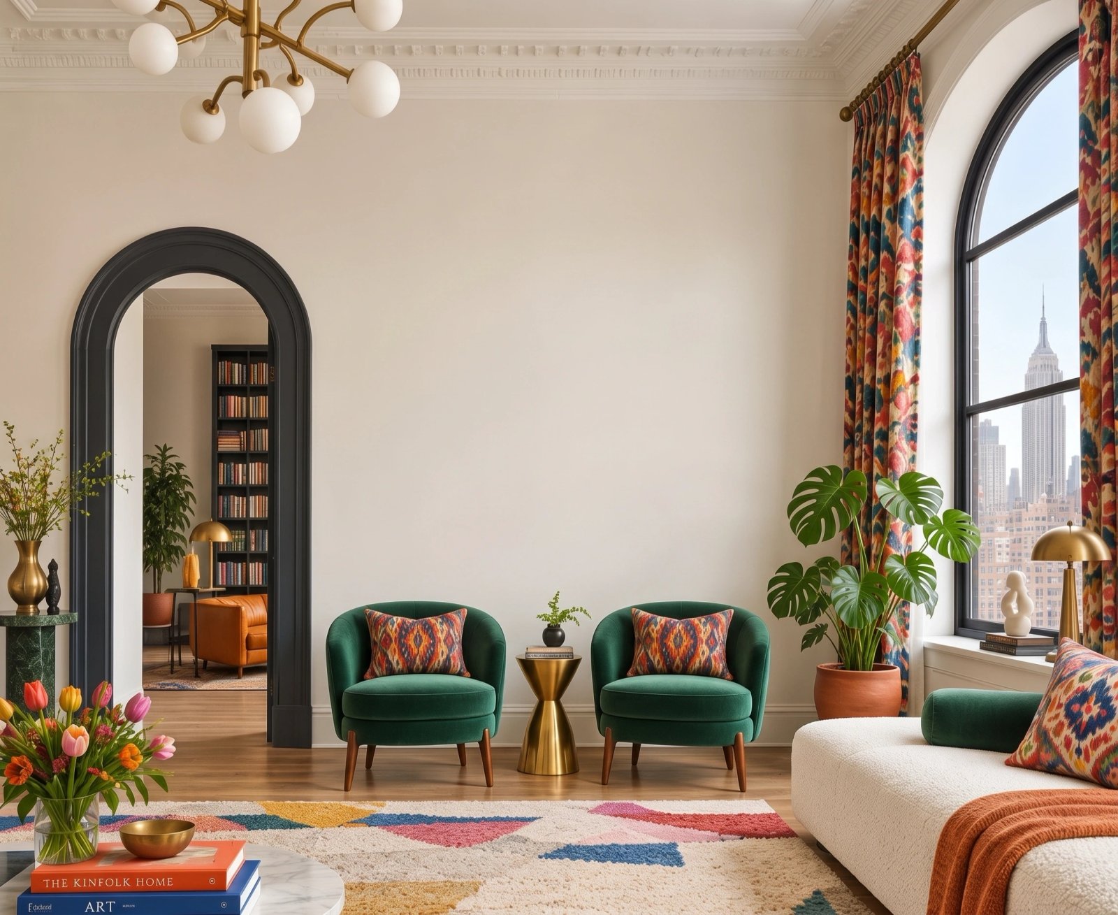 Wall art mockup: Eclectic living room with a large arched window, with a sofa, plants and a window