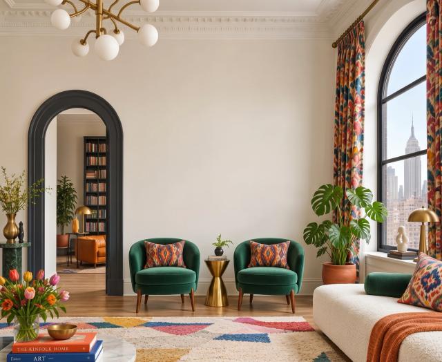 Eclectic living room with a large arched window