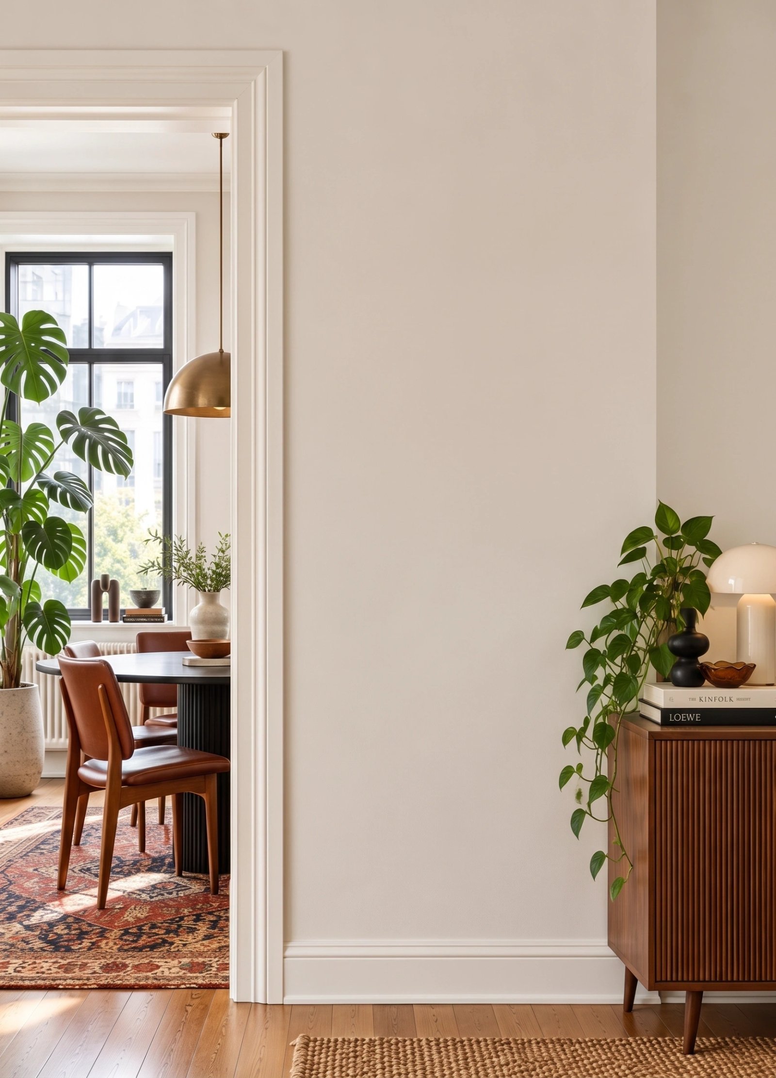Wall art mockup: Contemporary hallway with a console table, with lamps and a cabinet