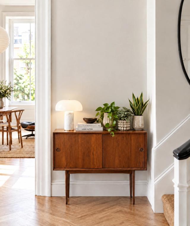 Contemporary hallway with a wooden console and plants