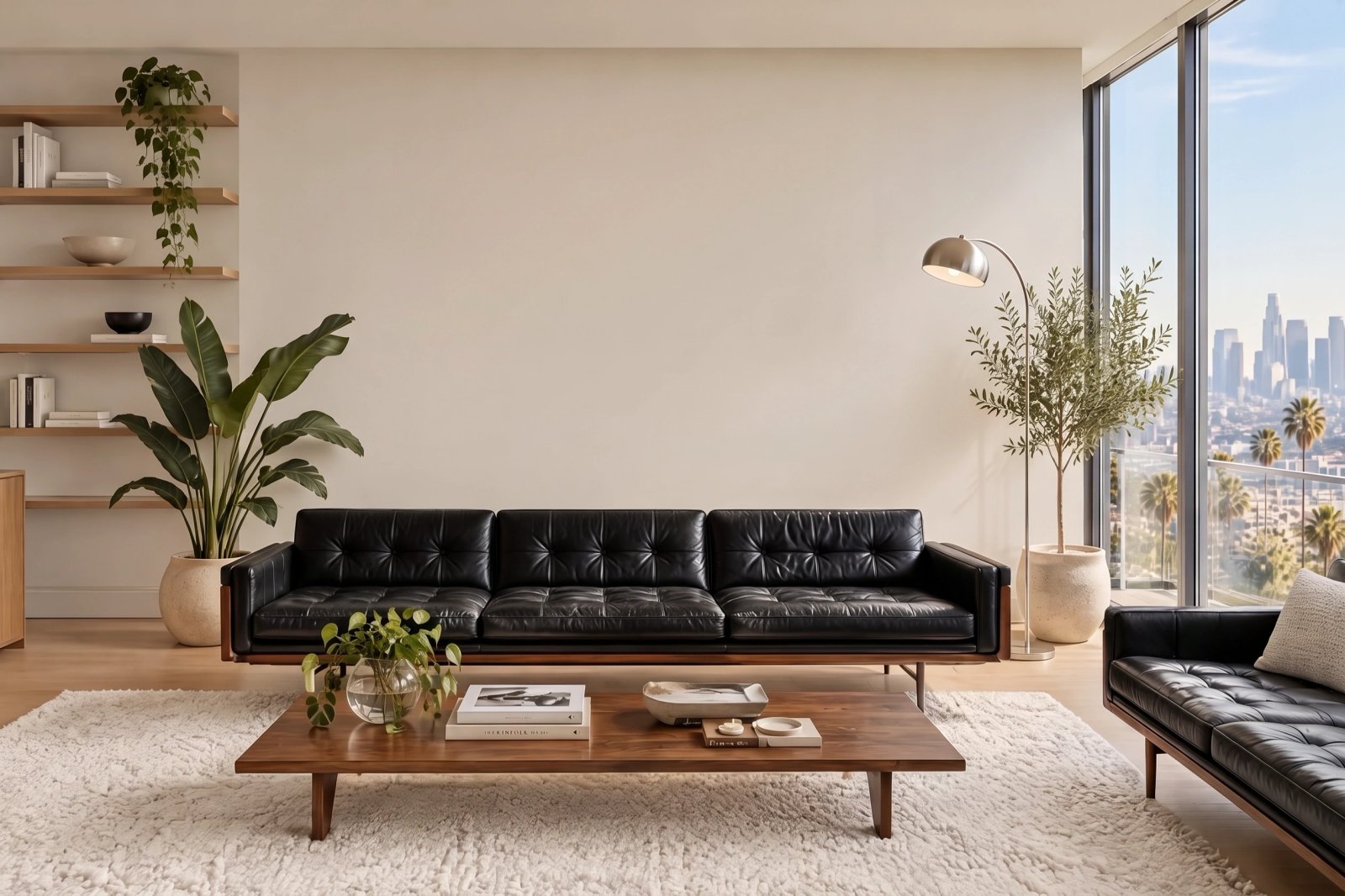 Wall art mockup: Modern living room with a black sofa and city views, with a sofa and plants