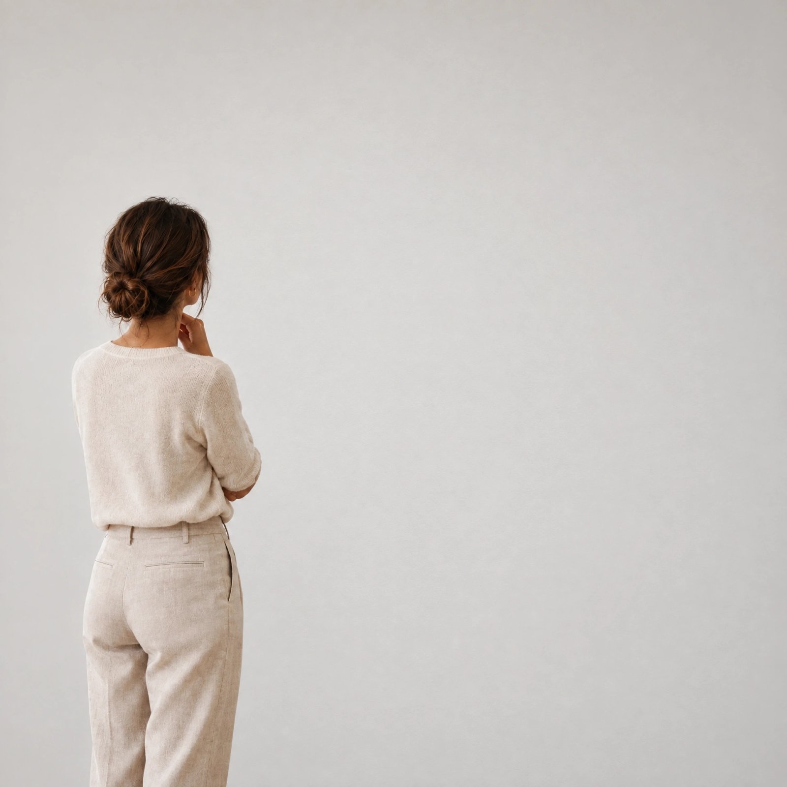 Wall art mockup: Minimalist gallery space with a visitor looking at the wall, with a person