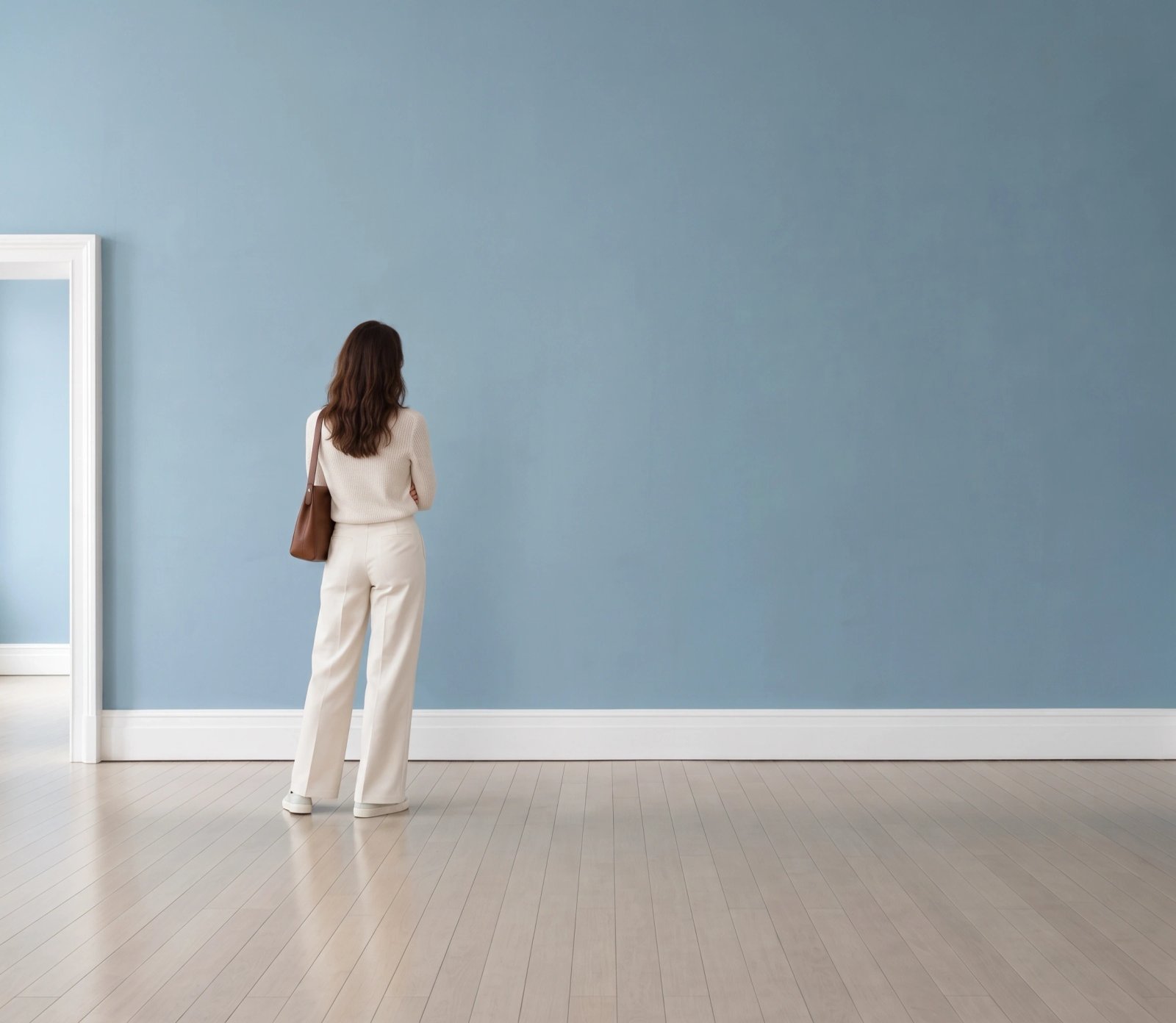 Wall art mockup: Empty gallery with a blue wall and a person, with a person