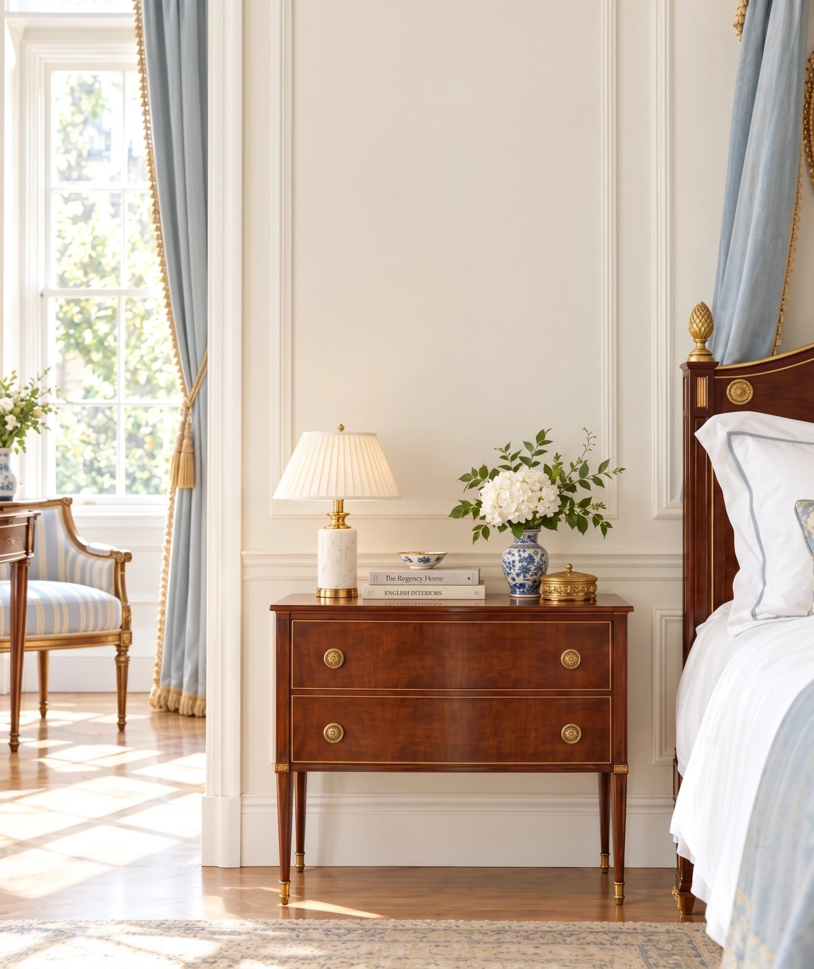 Wall art mockup: Grand bedroom with a chest of drawers and window, with lamps and a cabinet